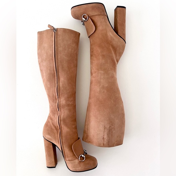GUCCI | Lillian Horsebit Beige Tan Suede Leather Tall Knee High Heel Boot EU 37 - Picture 9 of 16